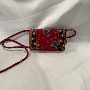 Vera Bradely Vintage Rare Tri-Fold Flap Wallet Crossbody in Red Coin Patten